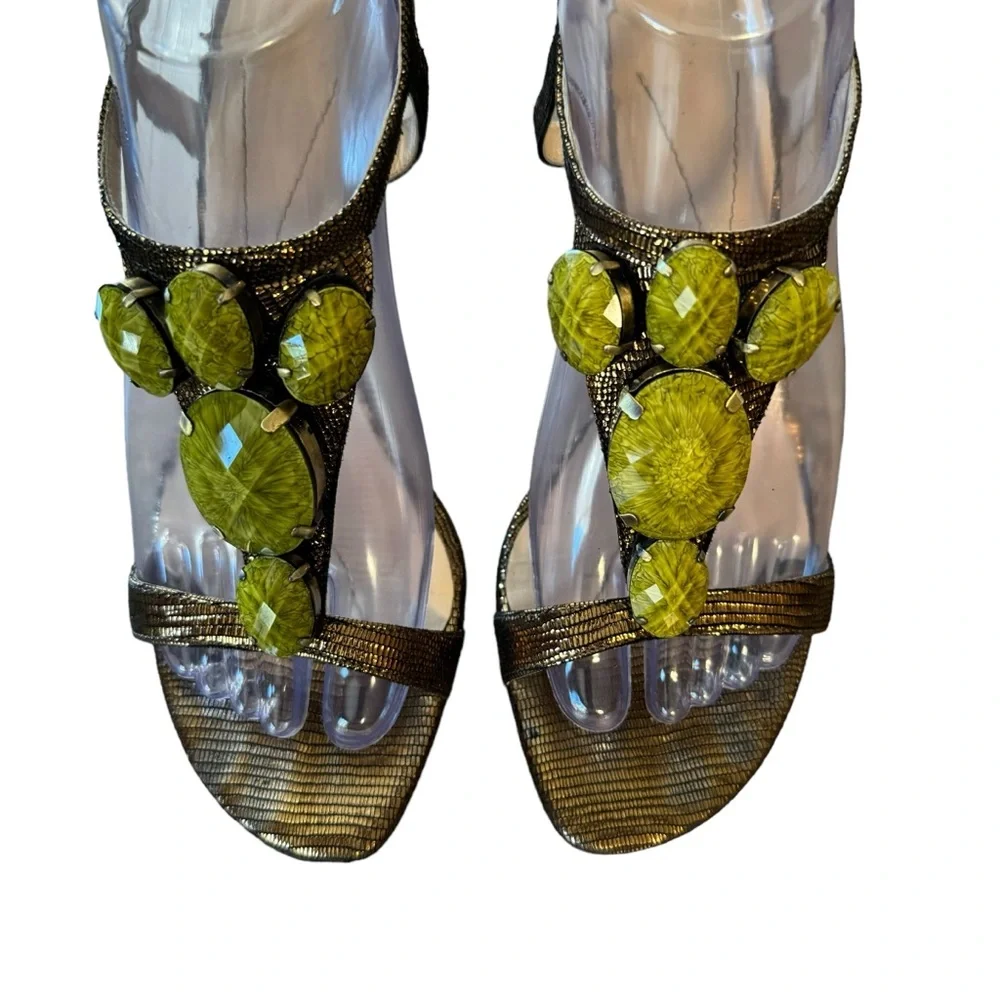 *Women’s Kate Spade Size 8 Lydia Bronze Metal Mini Lizard w Green Stones Sandals - Picture 7 of 14